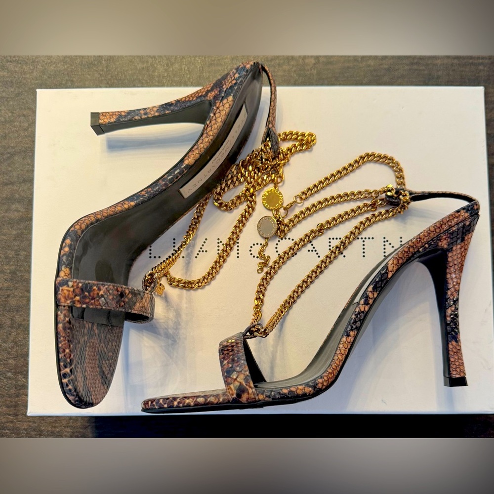 EUC STELLA MCCARTNEY Stella 100 Reptile Print Chain Strap Stilettos, Sz 39